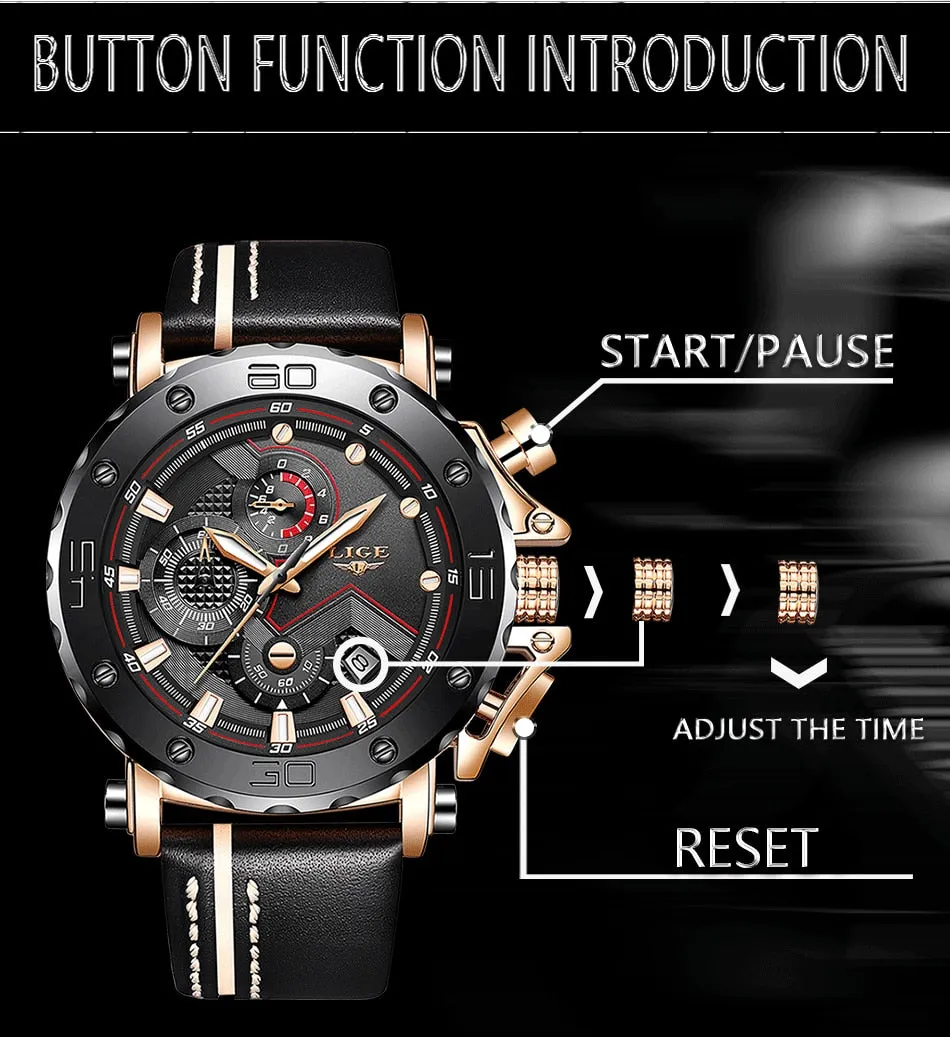 2019 LIGE Quartz Top Brand Luxury Big Dial Military Mens Watch