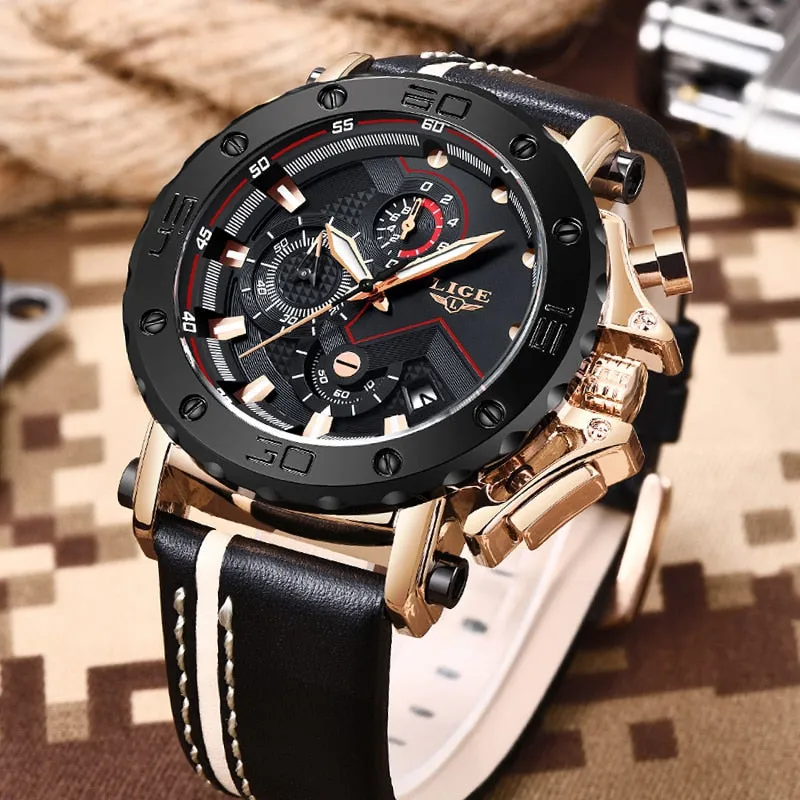 2019 LIGE Quartz Top Brand Luxury Big Dial Military Mens Watch