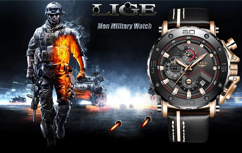 2019 LIGE Quartz Top Brand Luxury Big Dial Military Mens Watch