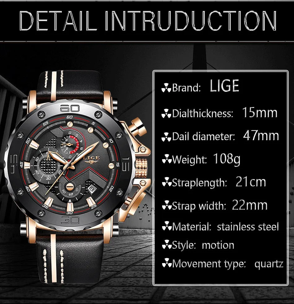 2019 LIGE Quartz Top Brand Luxury Big Dial Military Mens Watch