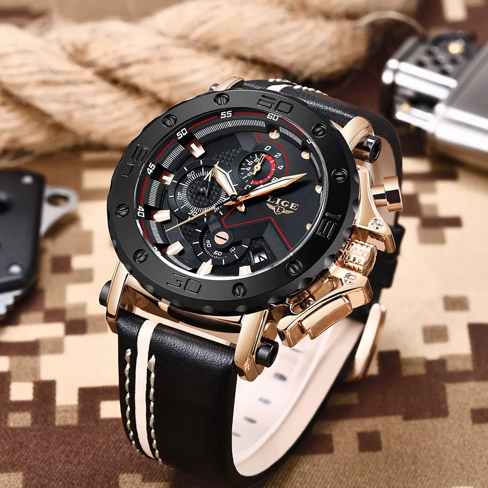 2019 LIGE Quartz Top Brand Luxury Big Dial Military Mens Watch