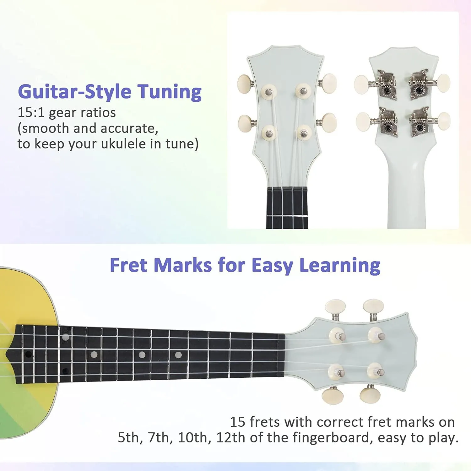 21 Inch Rainbow Soprano Basswood Ukulele Kit for Kids Beginners
