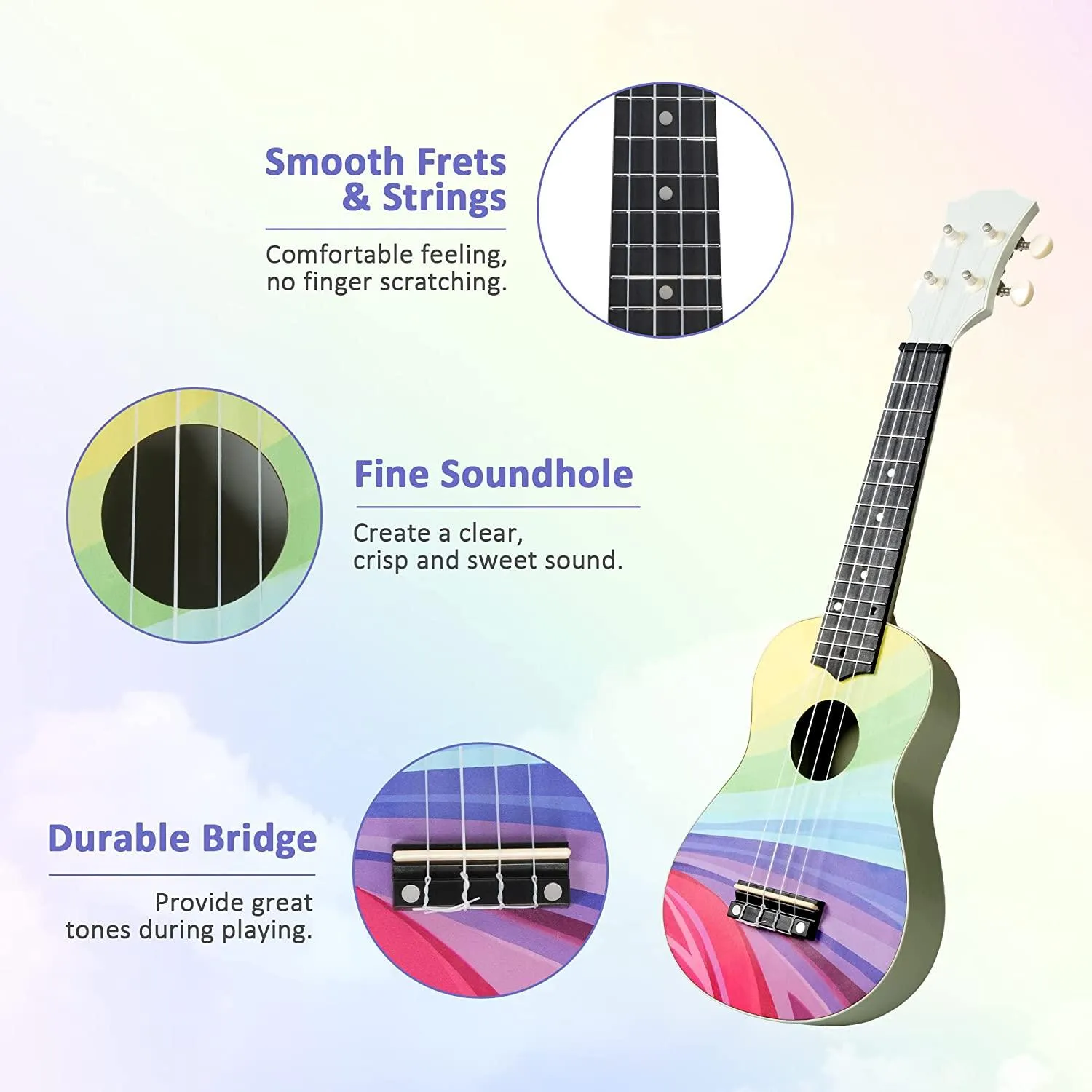 21 Inch Rainbow Soprano Basswood Ukulele Kit for Kids Beginners