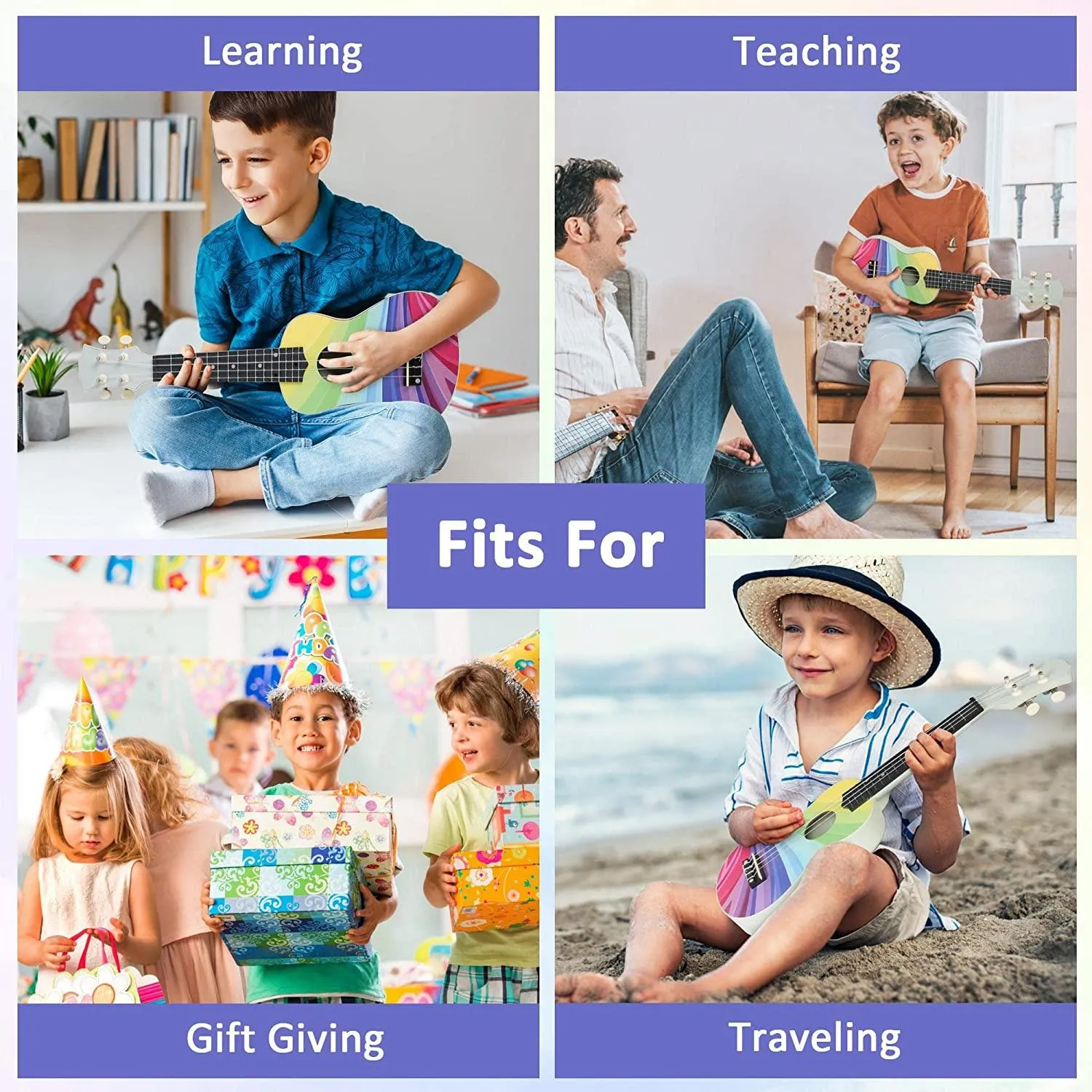 21 Inch Rainbow Soprano Basswood Ukulele Kit for Kids Beginners