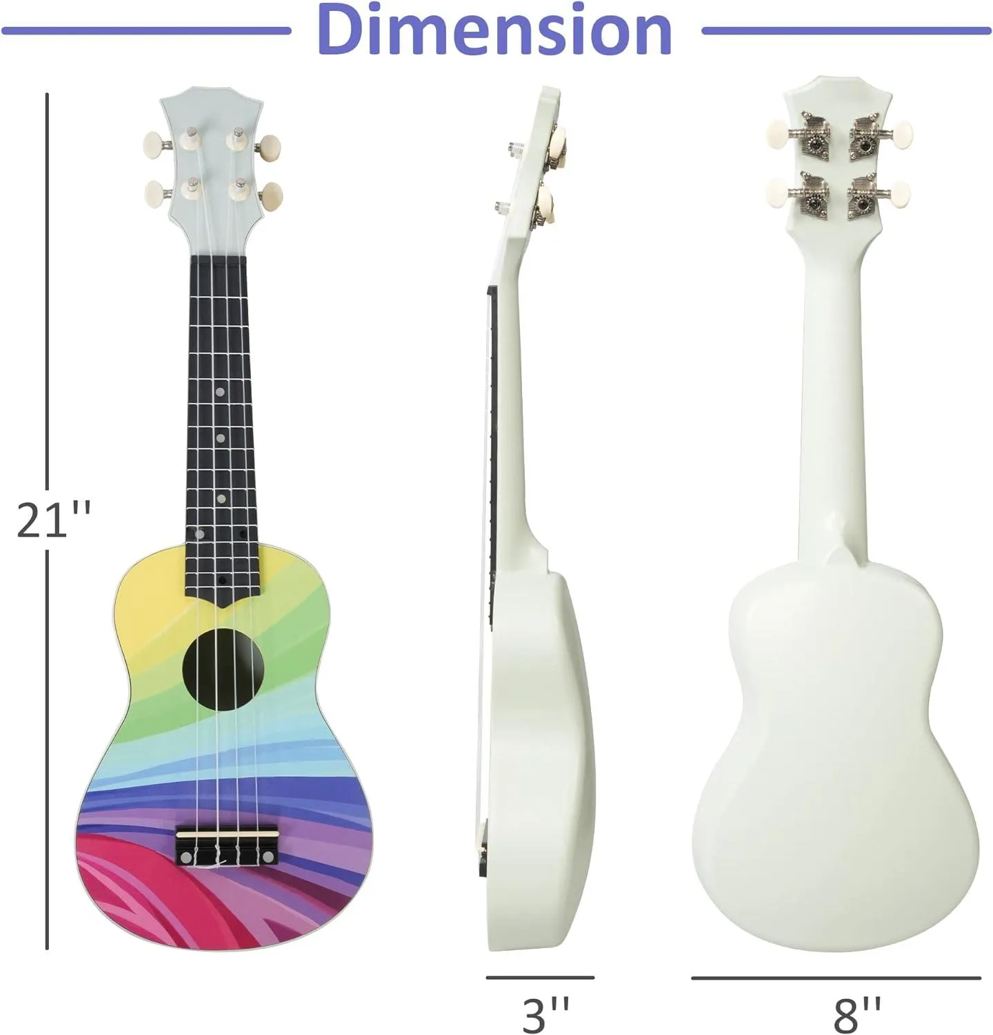 21 Inch Rainbow Soprano Basswood Ukulele Kit for Kids Beginners