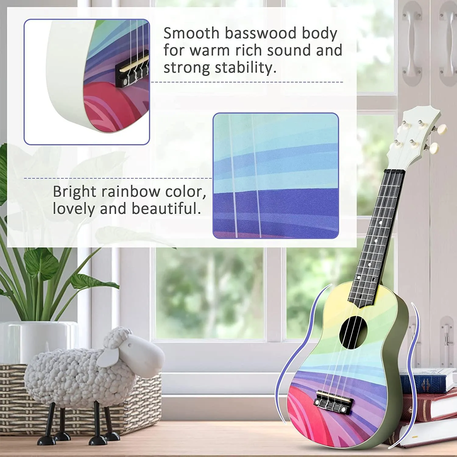 21 Inch Rainbow Soprano Basswood Ukulele Kit for Kids Beginners