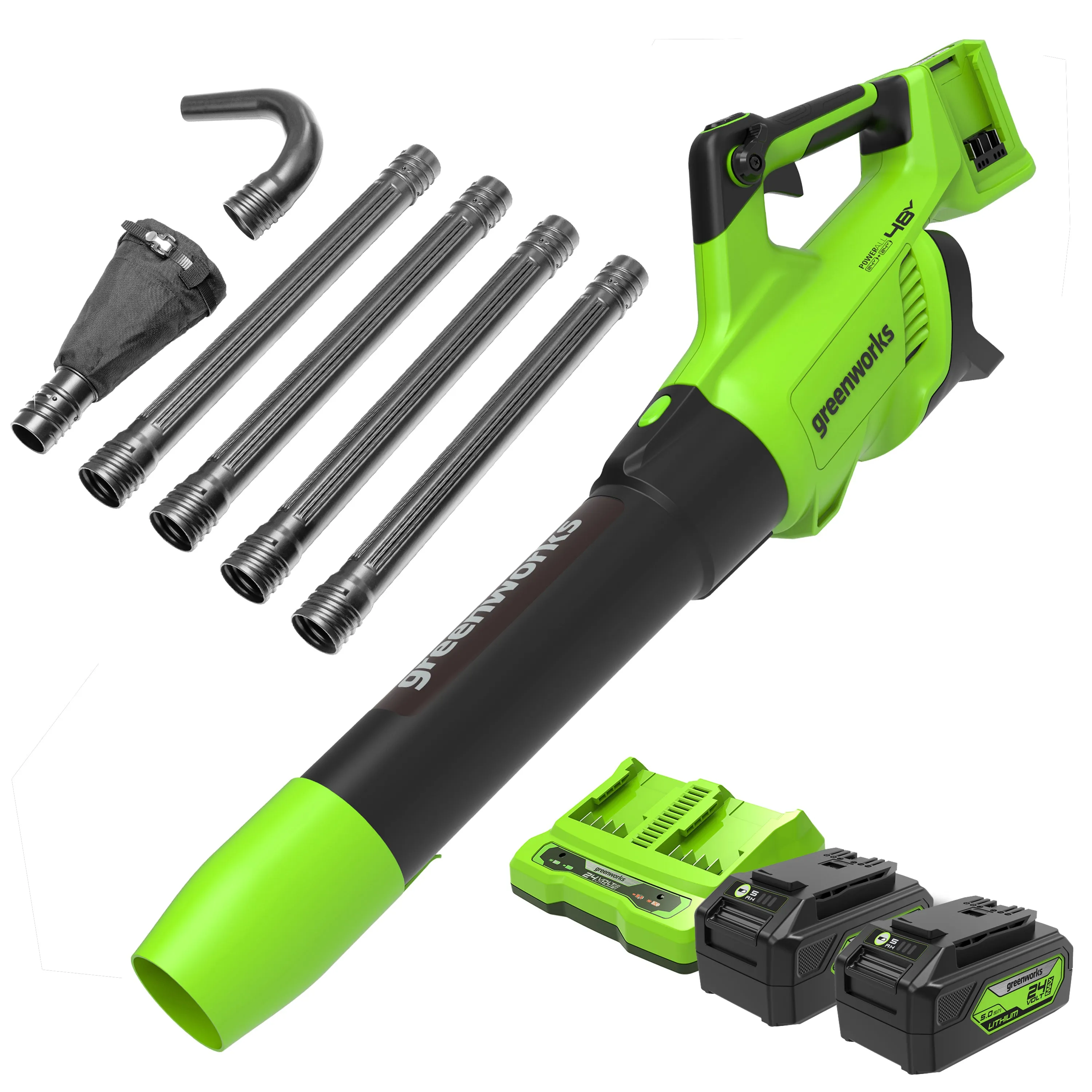 48V (2x24V) 585 CFM Cordless Battery Leaf Blower & Gutter Cleaning Kit Combo Kit w/ (2) 4.0 Ah USB Batteries & Dual Port Charger
