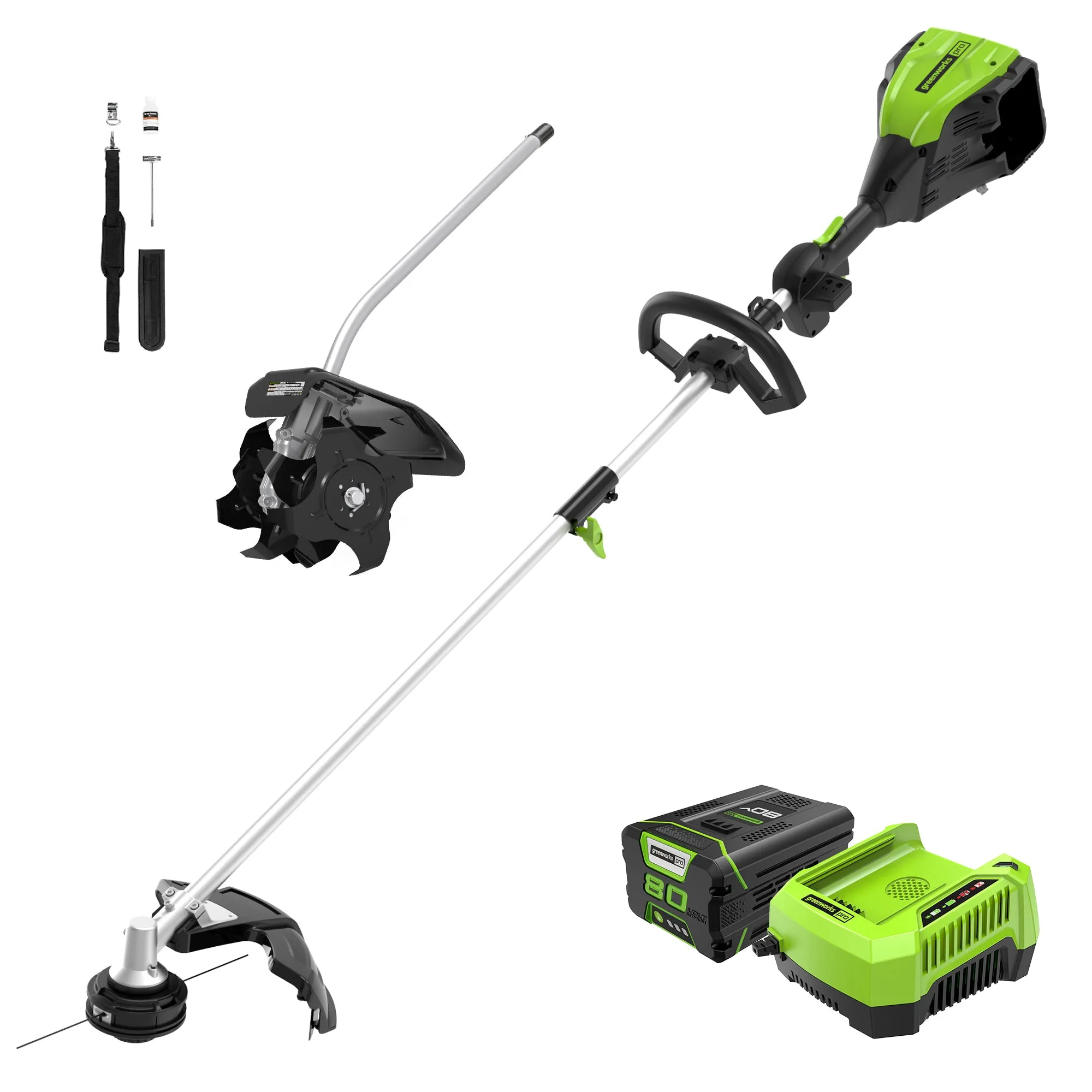 80V 16" Cordless Battery String Trimmer (Attachment Capable) &10-Inch Cultivator Attachment Combo Kit w/ 2.0Ah Battery & Charger