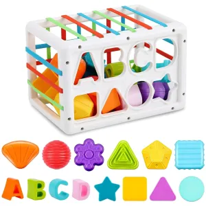 Storite Montessori Toys for Kids 1 Year Old Sensory Toys Shape Sorter Baby Blocks Colorful Textured Balls Sorting Games Rectangle Cube & Shape Sorter (14 Pieces)