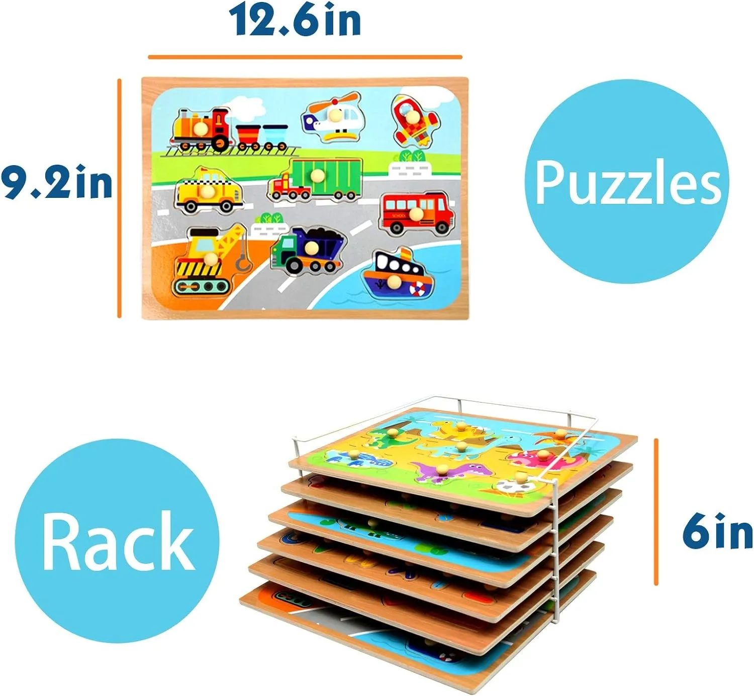 Toddler Puzzles and Rack Set, Wooden Peg Puzzles Bundle with Storage Holder Rack, Educational Knob Puzzle for Kids Age 2 3 4 Years - Alphabet Number Shape Dinosaur Animal Vehicle