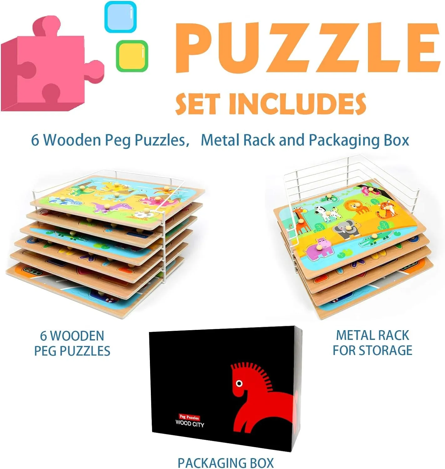 Toddler Puzzles and Rack Set, Wooden Peg Puzzles Bundle with Storage Holder Rack, Educational Knob Puzzle for Kids Age 2 3 4 Years - Alphabet Number Shape Dinosaur Animal Vehicle