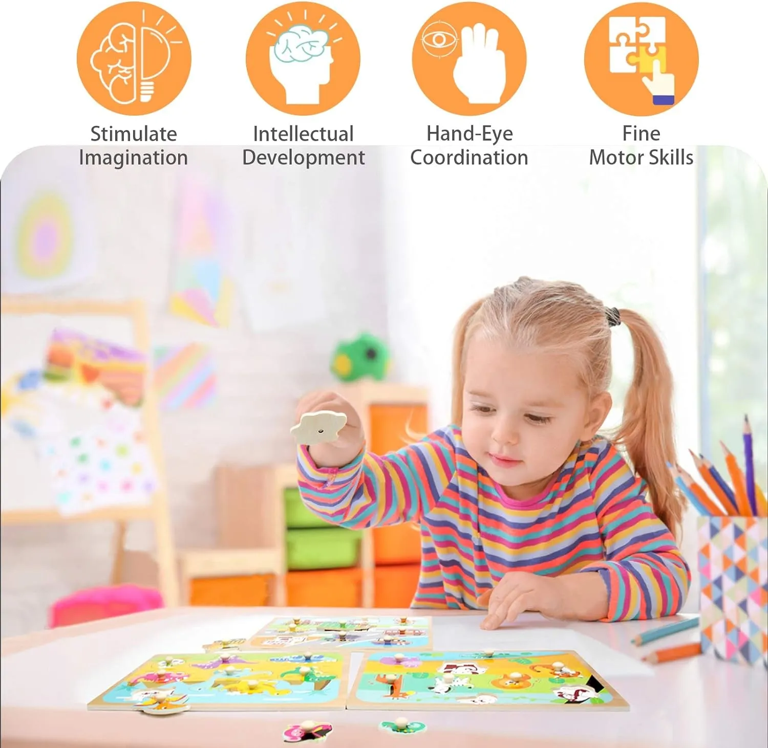 Toddler Puzzles and Rack Set, Wooden Peg Puzzles Bundle with Storage Holder Rack, Educational Knob Puzzle for Kids Age 2 3 4 Years - Alphabet Number Shape Dinosaur Animal Vehicle