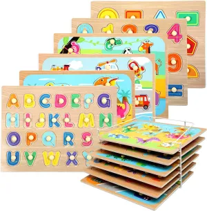 Toddler Puzzles and Rack Set, Wooden Peg Puzzles Bundle with Storage Holder Rack, Educational Knob Puzzle for Kids Age 2 3 4 Years - Alphabet Number Shape Dinosaur Animal Vehicle