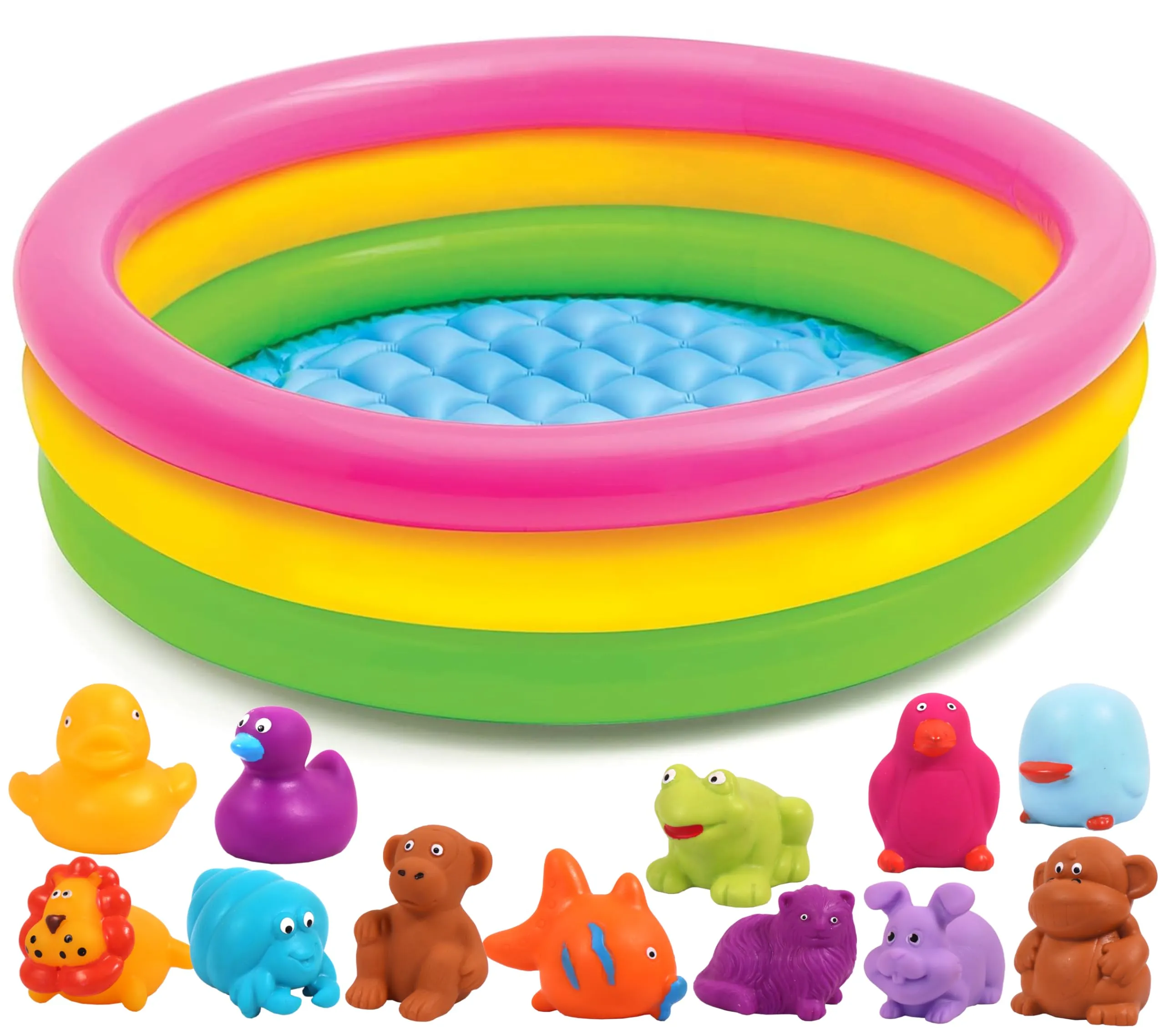 Toyshine Baby Pool Toys | 3 ft. Bath Tub with 12 pc Chu Chu Squeezy Animal | Toys for 1-3 Years Indoor & Outdoor Swimming Pool for Kids